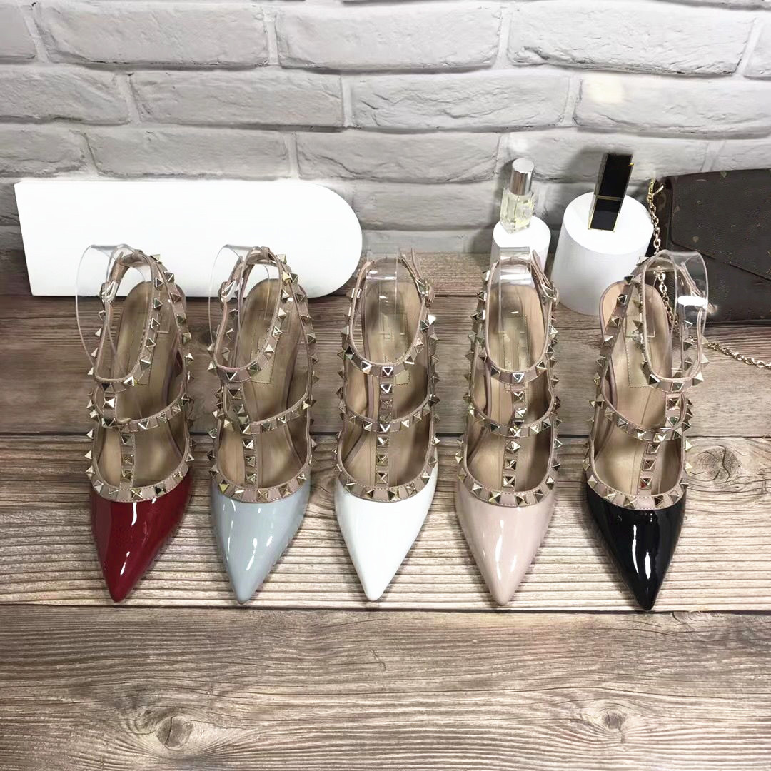 

Women Rivets Sandals Pointed Wedding Shoes 6cm 8cm 10cm Thin High Heel Classics Two Belts Nude Black Red Shiny Women's Sandal with Box and Dust Bag 34, Yellow shiny