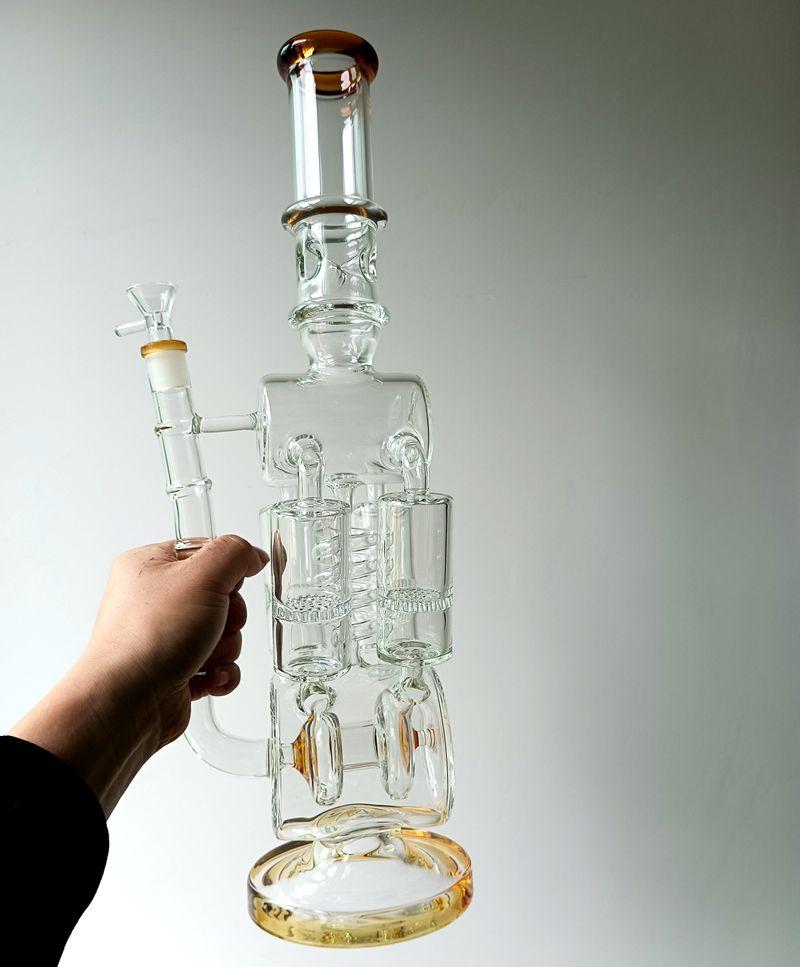 Smoking Pipes 18 inch Yellow Glass Water Bong Hookahs Honeycomb Filters Recycler Oil Dab Rigs Smoking Pipe with 14mm female joint