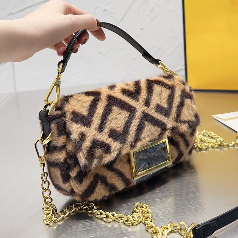 

Baguette Designer Women F Motif Print Baguette Shoulder Bag Italy Roma Brand Fur Effect Sheepskin Crossbody Handbags Lady Top Handle Tote Handbag, Brown 25cm