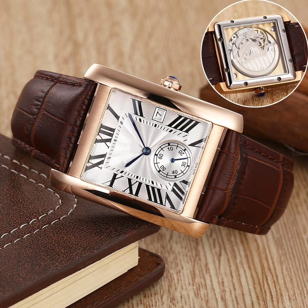 

women men 34mm square watch automatic mechanical leather strap waterproof watches 18k rose gold transparent back designer wristwatch gift, Only package