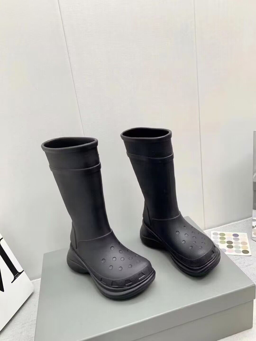 

Autumn and winter rain boots latest women's boots flats lace up zipper open letter buckle splicing design size 35-43, Black