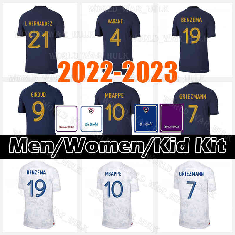 

2022 2023 Soccer Jerseys Maillots de football FRENCH 10 MBAPPE BENZEMA Football Shirts GRIEZMANN POGBA KANTE NKUNKU maillot foot Shirt KOUNDE TCHOUAMENI GUENDOUZI, Women 2022 jersey(fa guo)+patch