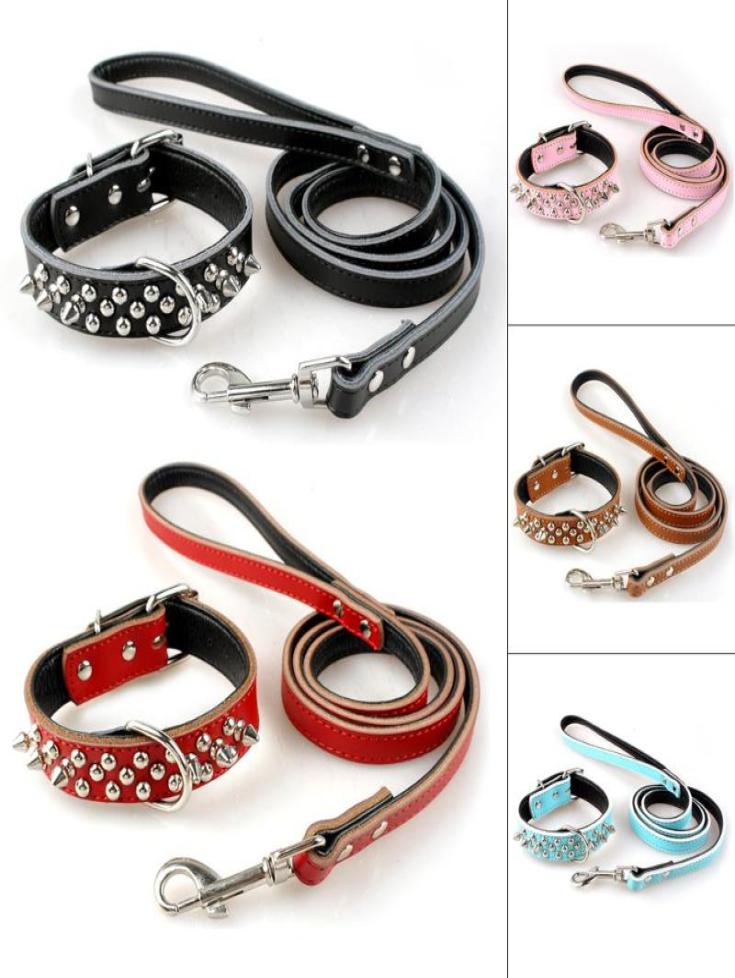 

Dog Collars Leashes Padded Leather Studded Spiked Collar Leash Set For  M L Dogs