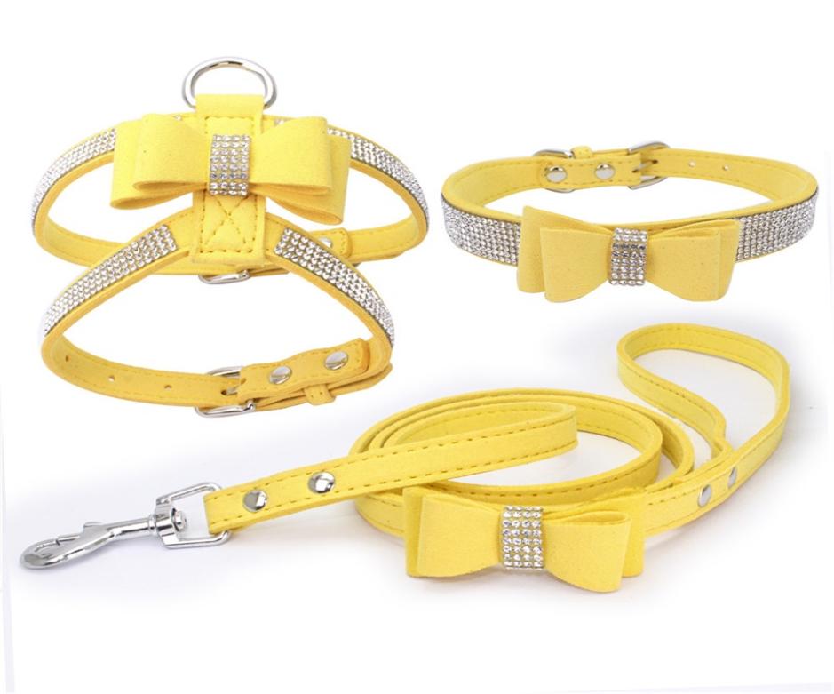 

3 Peices Suit Dog Harness Collar Leash Suit Adjustable Soft Suede Fabric Shining Diamonds Pet Vests for Dogs Comfort Pets Supplies