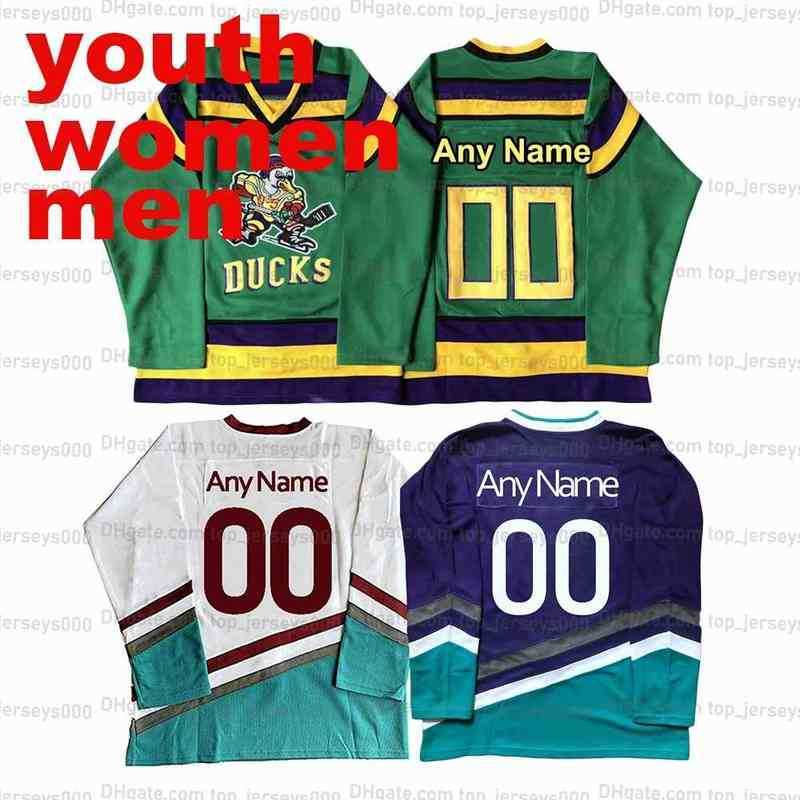 

Custom Men Women Youth Kids Movie The Mighty Ducks Hockey Jersey Stitched White Green Purple Name Number Personalise