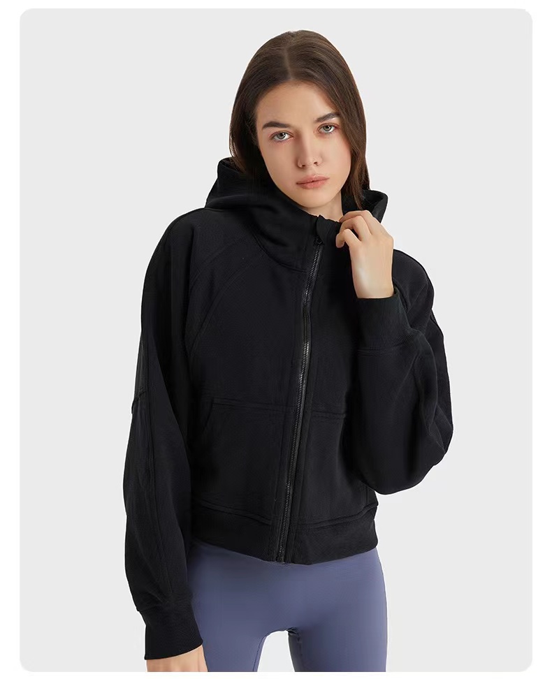 

New Women Yoga Outfits Brushed Full Zip Hoodie Jacket Sportswear Hooded Workout Track Running Coat with Pockets Outdoor Fleeces Thumb Holes, Black embroid logo
