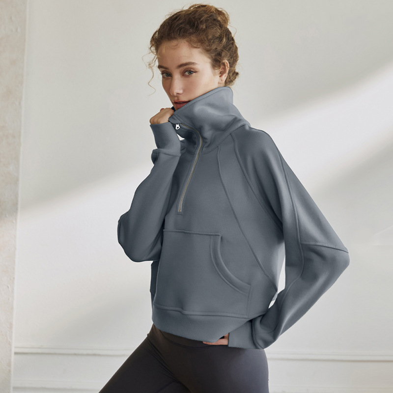 

LL Women Autumn Hoodies Sweatshirt Yoga Suit Jacket Ladies Sport Gym Coat Half Zipper Pullover Stand Collar Short Style With Fleece, Blue