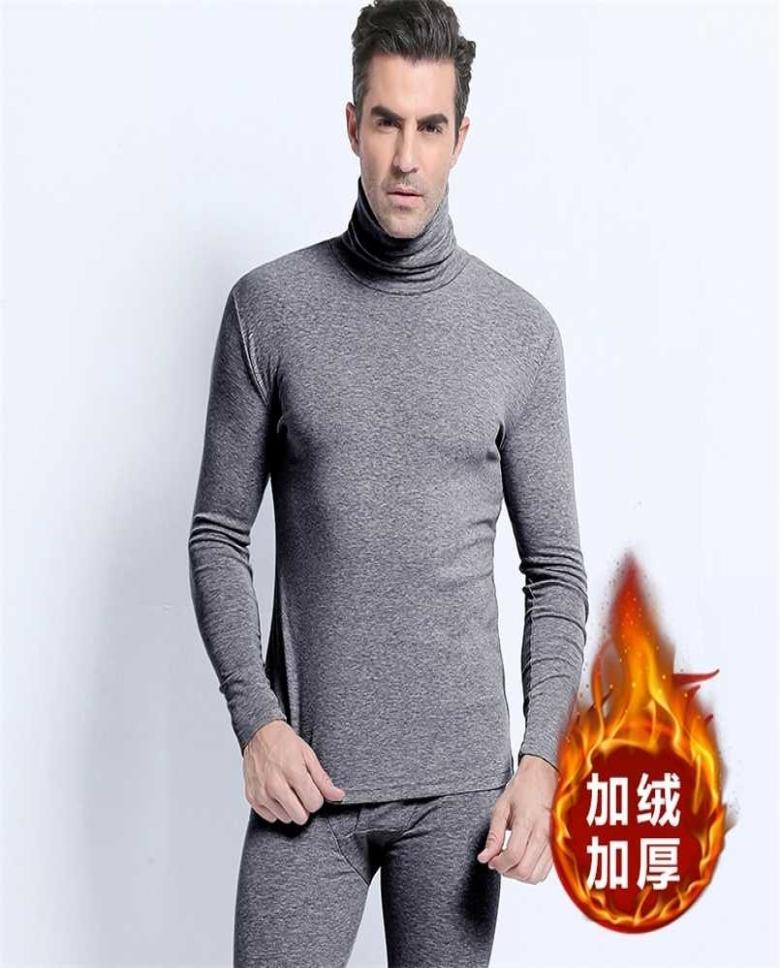 

Thermal underwear suits men heap fever cotton double side winter velvet thicken comfortable white long Johns warm turtleneck 21121, White middle collar