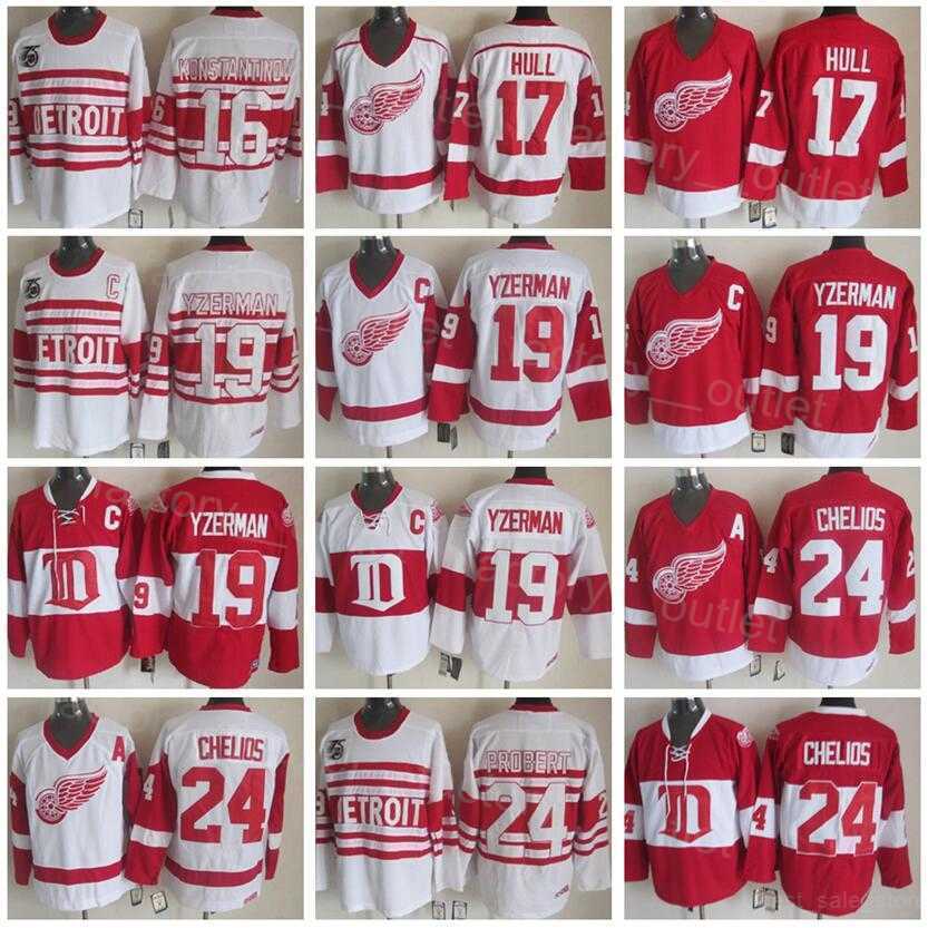 

Retro Detroit Throwback Red Wings Hockey 24 Chris Chelios Jersey 75th Year 19 Steve Yzerman 16 Vladimir Konstantinov 17 Brett Hull Vintage''Nhl''Shirt