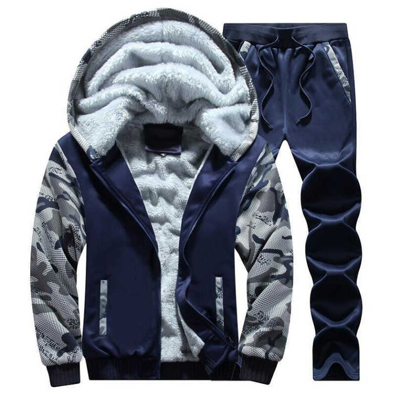 

Men's Tracksuit Fashion Winter Mens Warm Fleece Track Suits 2 Pieces Hoodie Pants Set Brand Thicken Clothing Plus Size  X0610, Light grey
