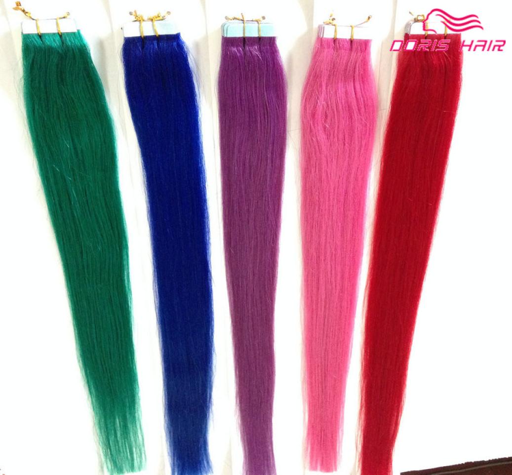

selling Silky Straight Tape Hair Extensions mix colors pink Red Blue Purple Green Tape in human Hair Tape on Hair6722580, Purple 10pcs