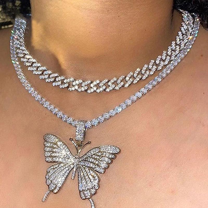 

Pendant Necklaces Trend double Cuban necklace personality exaggerated full diamond butterfly chain sweater chain women