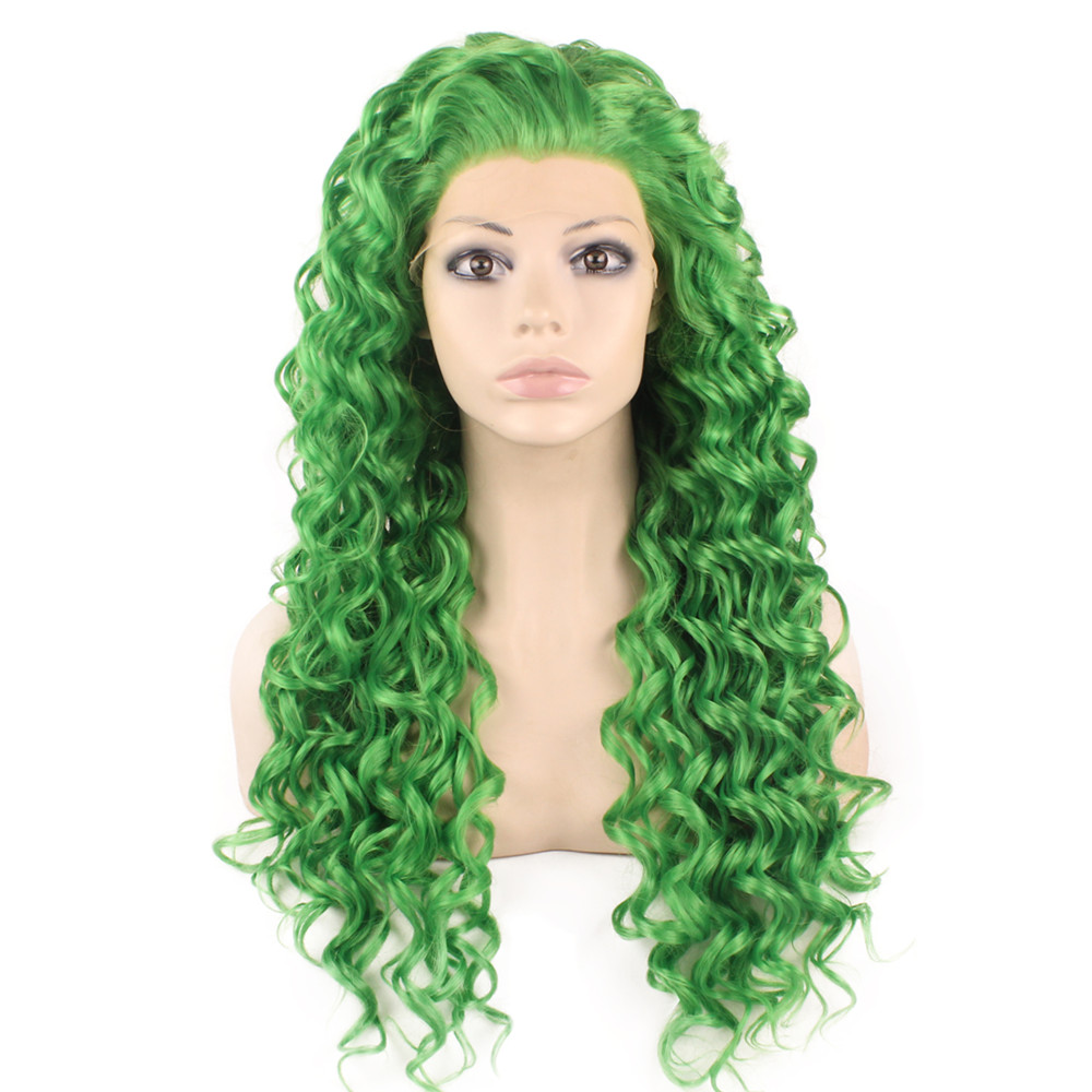 

26" Extra Long Green Curly Wigs Heat Friendly Synthetic Hair Lace Front Wig