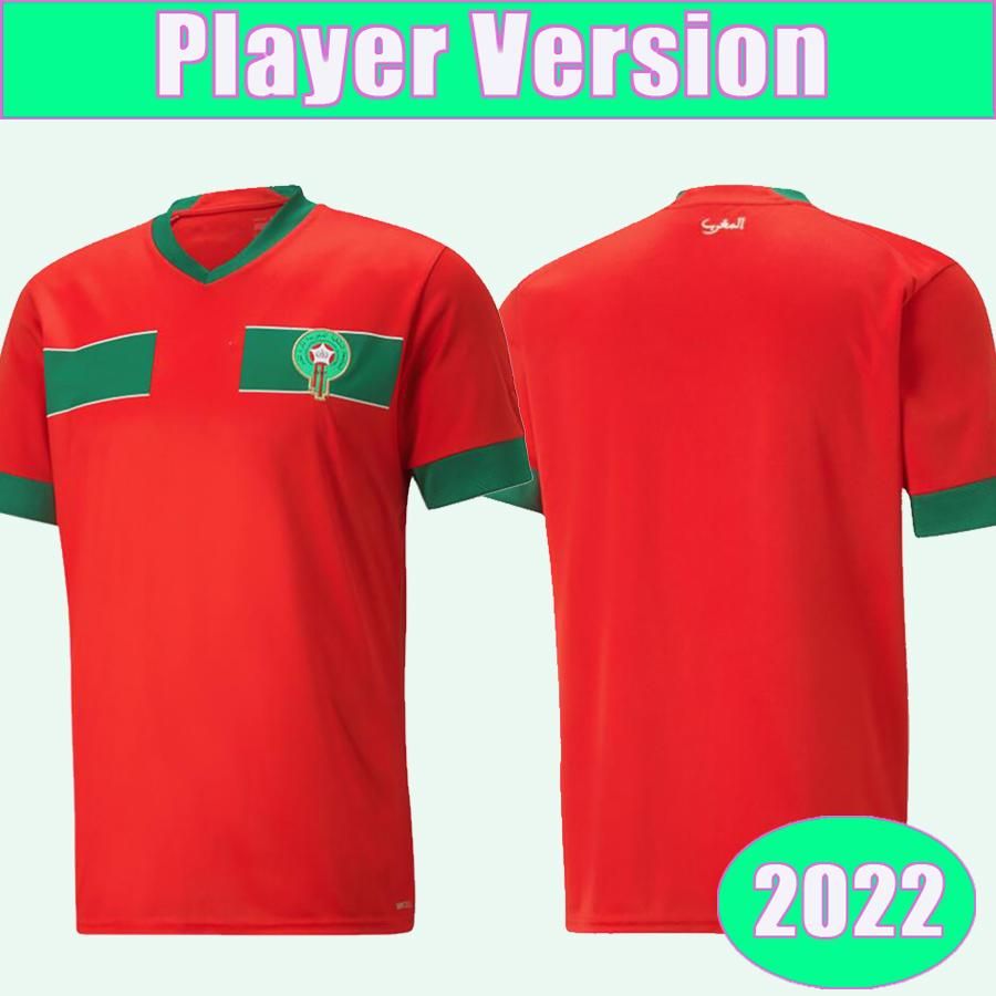 

2022 Morocco National Team Player Version Soccer Jerseys Moisture Wicking HAKIMI ZIYECH SAISS EL- ARABI FAJR EN-NESYRI Home Red Away Football Shirt, +patch man away (moluoge)