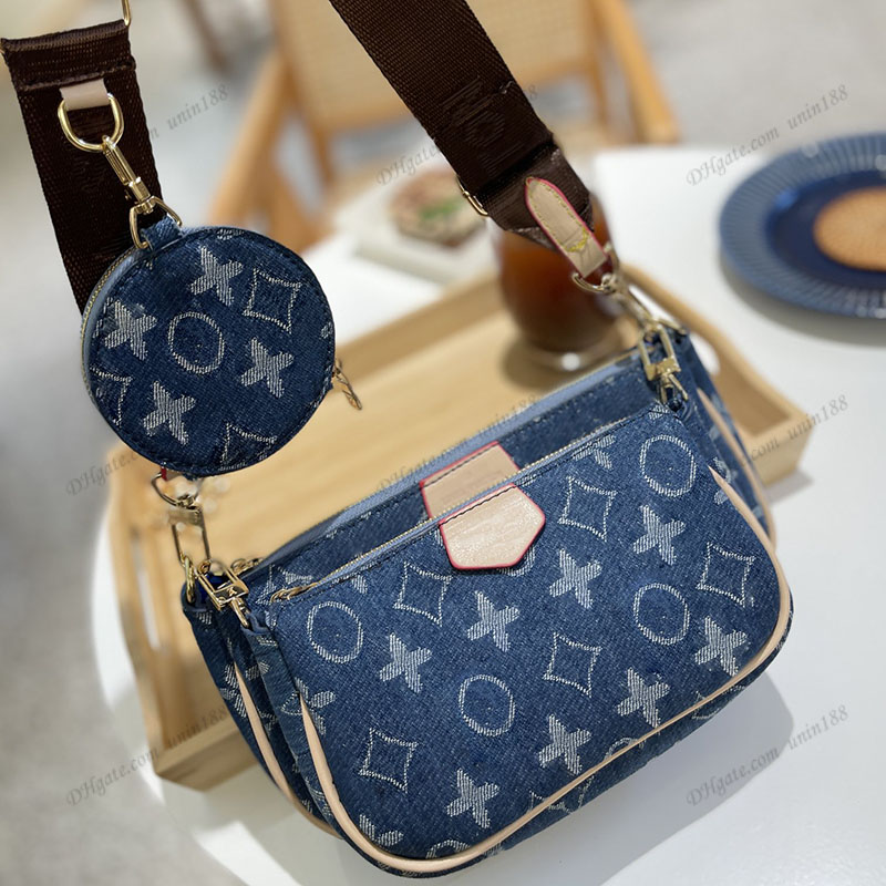 

22FW Women Luxurys Designers Denim Bags 3 in 1 Pochette Handbag Inkjet Flower Bag Accessoires Genuine Leather Messenger Ladies Travel Handbag 24cm, Blue