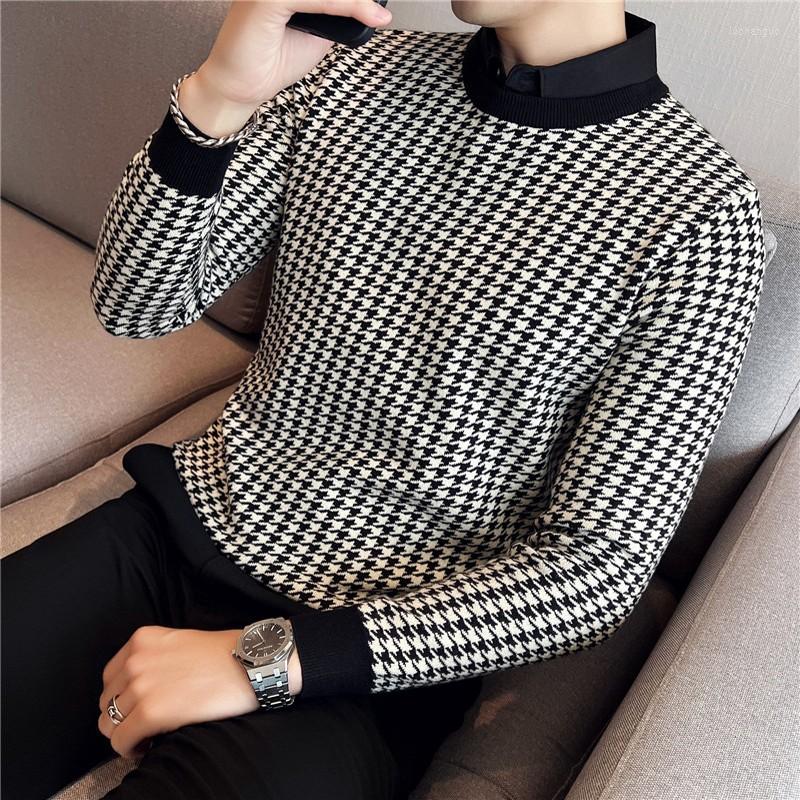 

Men's Sweaters Black/Khaki Fashion Houndstooth Knitted For Men Clothing 2022 Slim Fit Casual Business Pullovers Pull Homme Plus Size