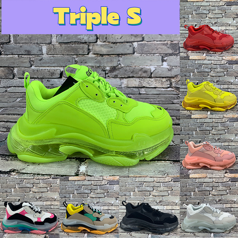 

Luxury paris triple-s clear sole casual shoes white black dust pink rainbow sole metallic silver beige grey fluo top mens designer sneakers women trainers, 21 36-39 black pink green