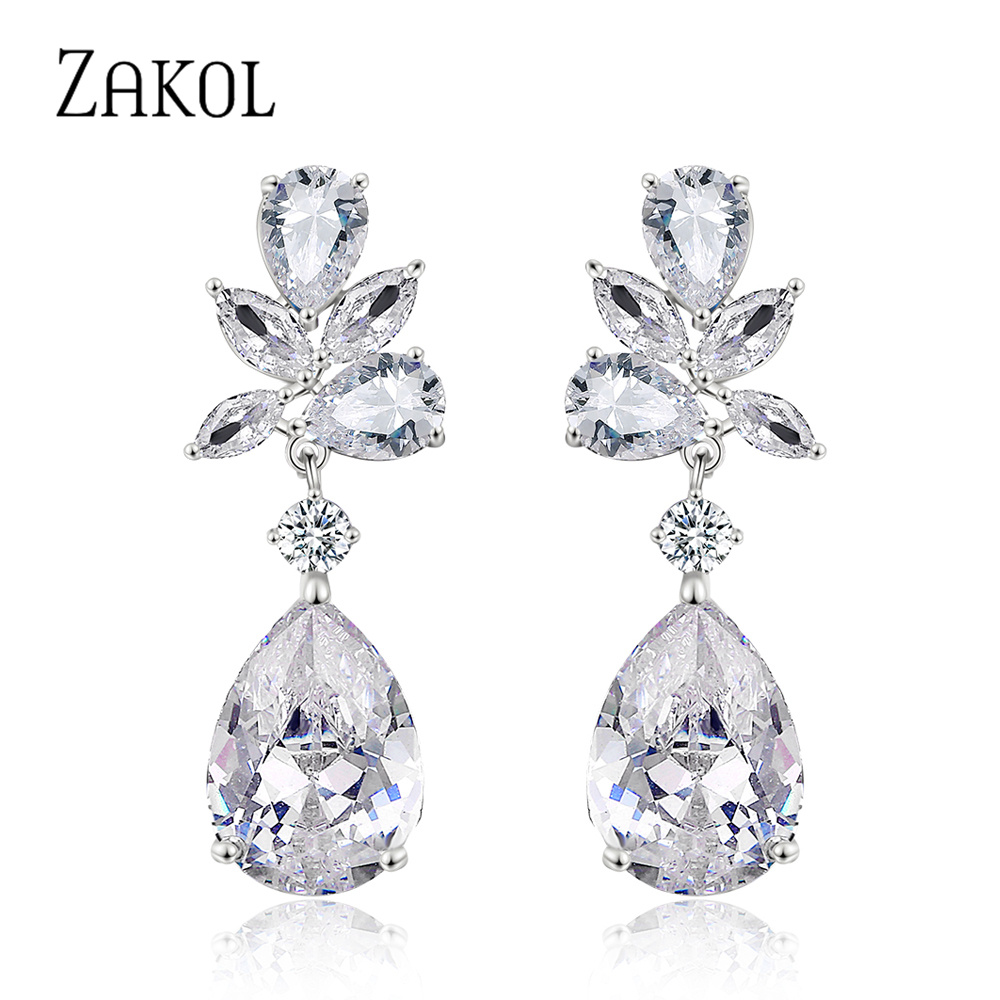 

Exquisite Teardrop Cubic Zircon Dangle Earrings for Women Sliver Color Leaf Bridal Wedding Party Jewelry