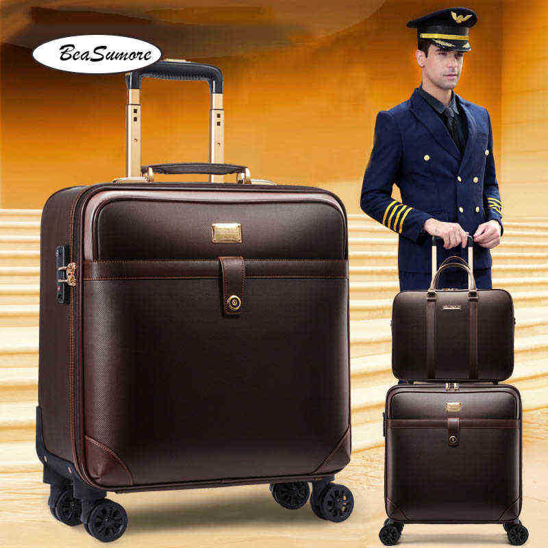 Beasumore Men Business Pu Le cuir roulant de bagages Spinner Inch Women Fomes Capacité Roues Cabine Trolley J220707