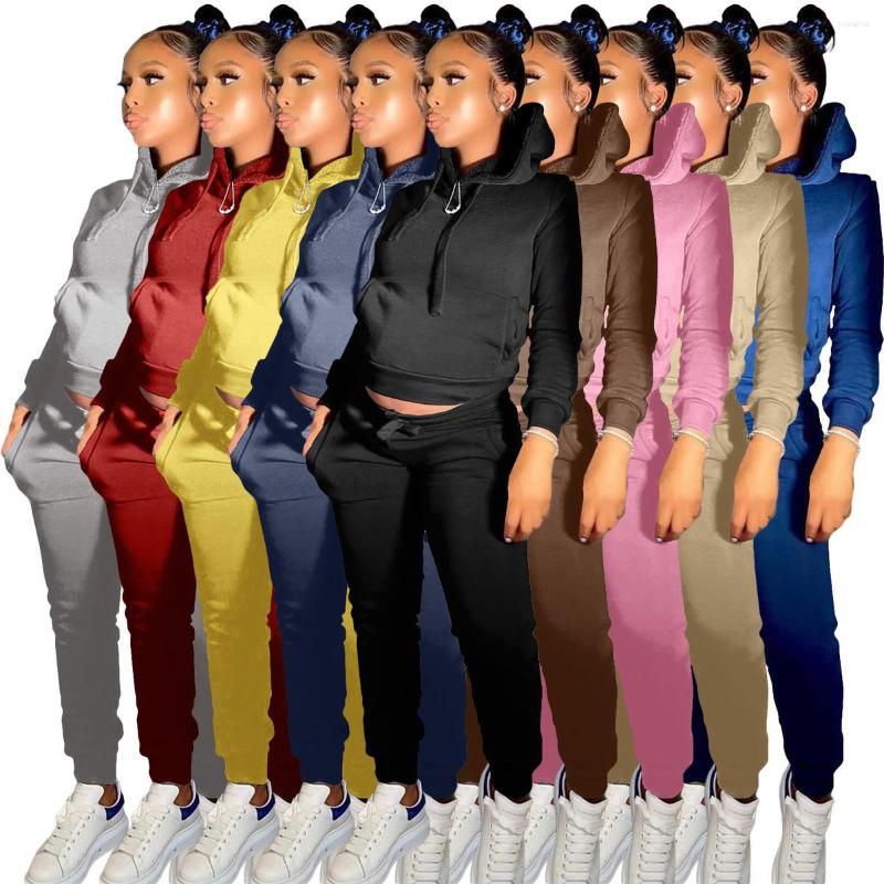 Women&#039;s Two Piece Pants 1L274 Autumn Winter Women Casual Fashion Solid Fleece Hooded Sweatshirt Set Top And Tracksuit Sweatsuit Outfits-image-822726276
