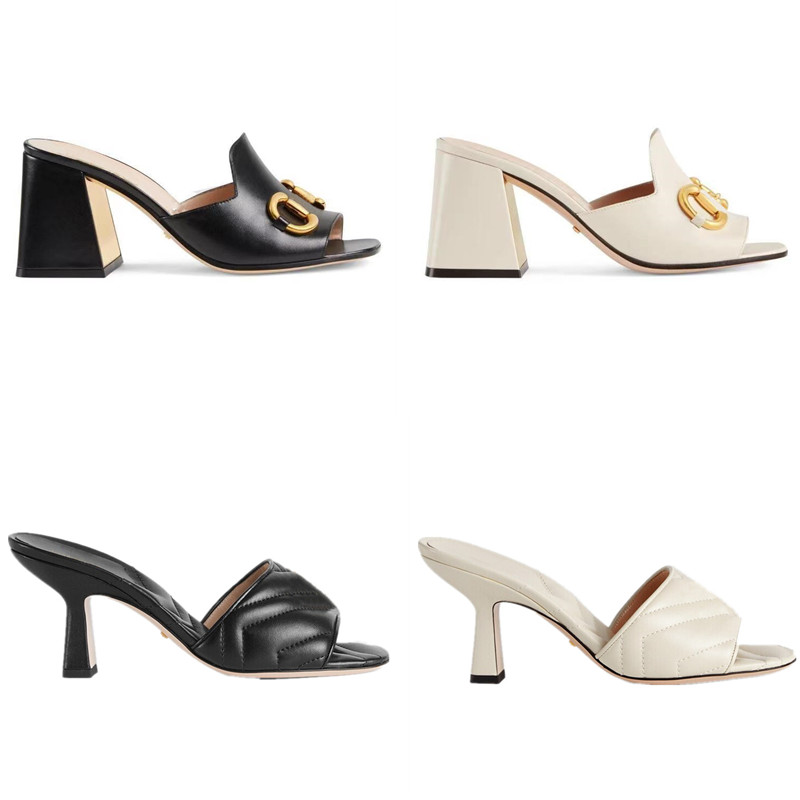 

Designer Womens Sandals Medium Heel Luxury Embroidery Printed Leather High Heels Retro Gold Copper Metal Slippers 35-41