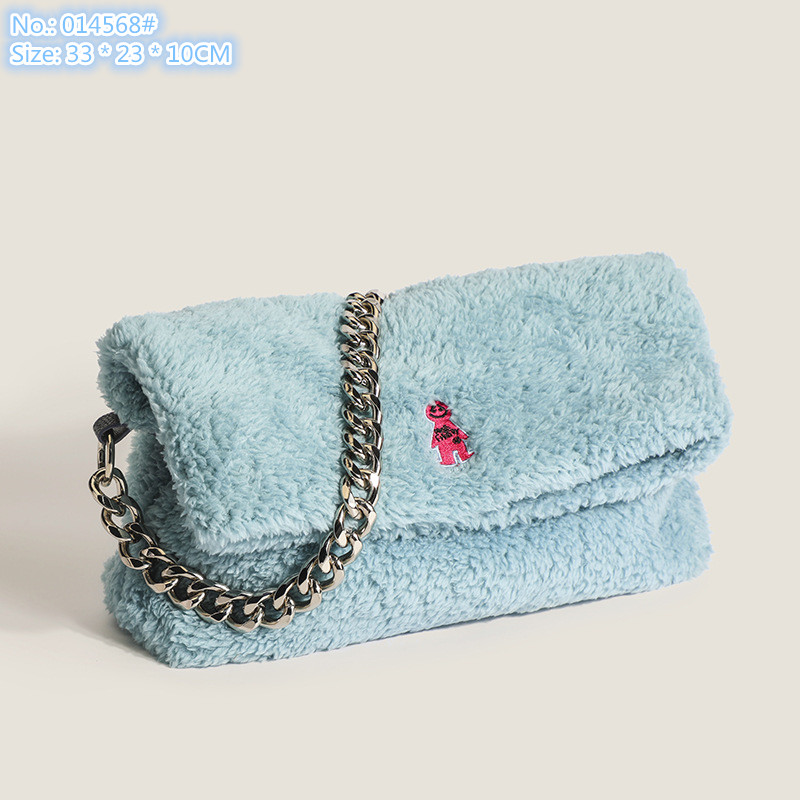 

Wholesale ladies shoulder bags 2 colors sweet little fresh plush handbag winter personalized embroidery chain bag flip lambswool fashion mobile phone coin purse, Blue-014568#
