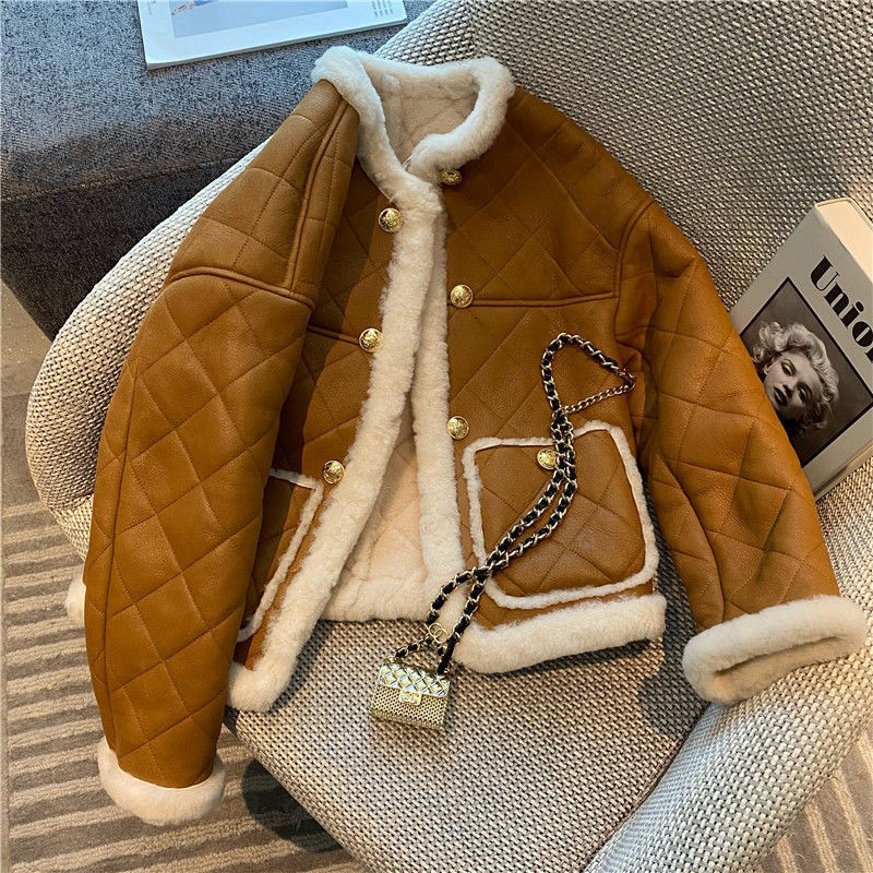 

Women's Wool Blends Winter Coats Women Thick Sheepskin Coat Faux Lamb Fur Leather Jacket Motorcycle Jacket Coat Streewear Loose Retro Jacket 221123, Coffee