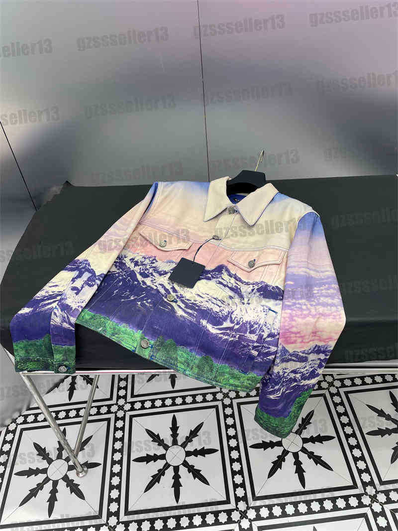 

Designer Colorful Unisex Denim Jacket Autumn Women Clothing Fashion Brand 22ss High Quality Snow Mountain Landscape Pattern Jackets