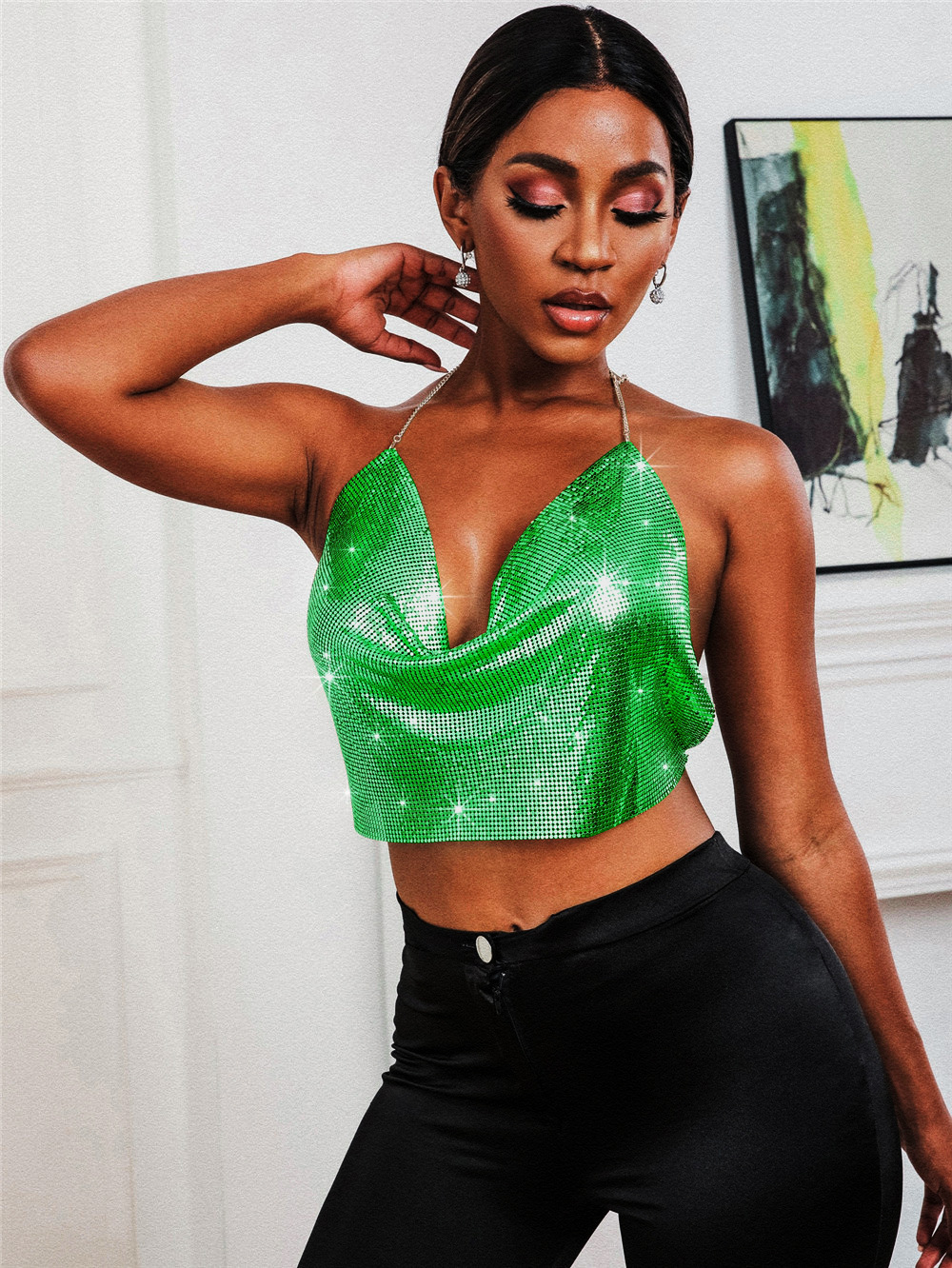 

Women's Tanks Sexy Metallic Sequins With Backless Neck Straps, Red