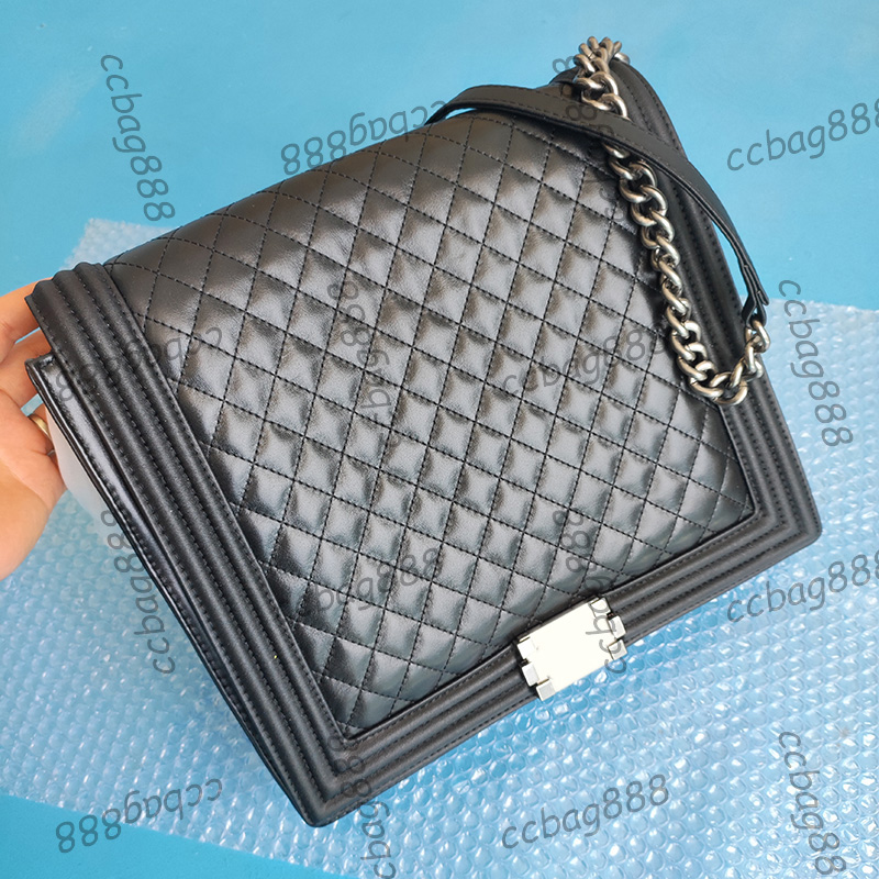 

Womens Vinatge Designer Cross Body Boy Calfskin Bag Quilted Classic Jumbo Flap Purse Aged Silver Metal Crossbody Shoulder Outdoor Sacoche Designer Handbag 27x30cm, Box