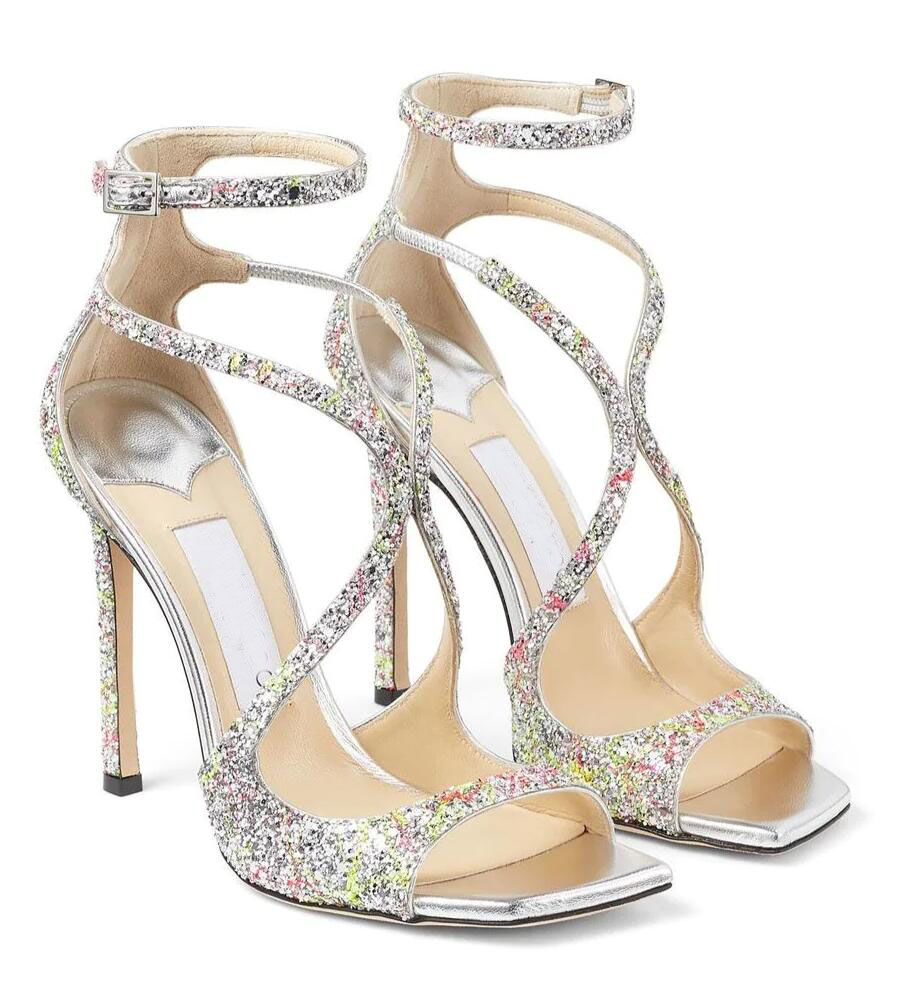 

Famous Brand Azia Sandals Shoes Glitter Leather Square Toe Women High Heels Cross Gladiator Sandalias Exquisite Stiletto-heel Lady Wedding Party Dress Evening