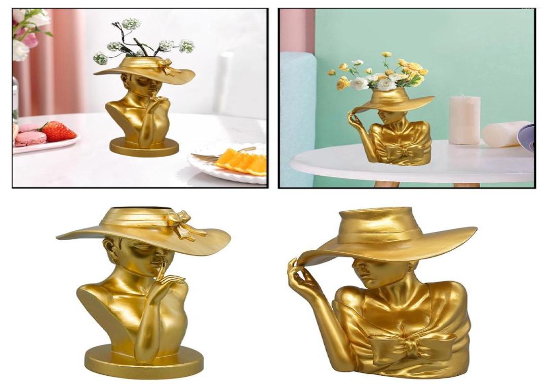 

Vases Human Face Design Resin Woman Statues Top Hat Ladies Dried Bouquet Flower Vase Home Centerpiece Wedding Decor4811391