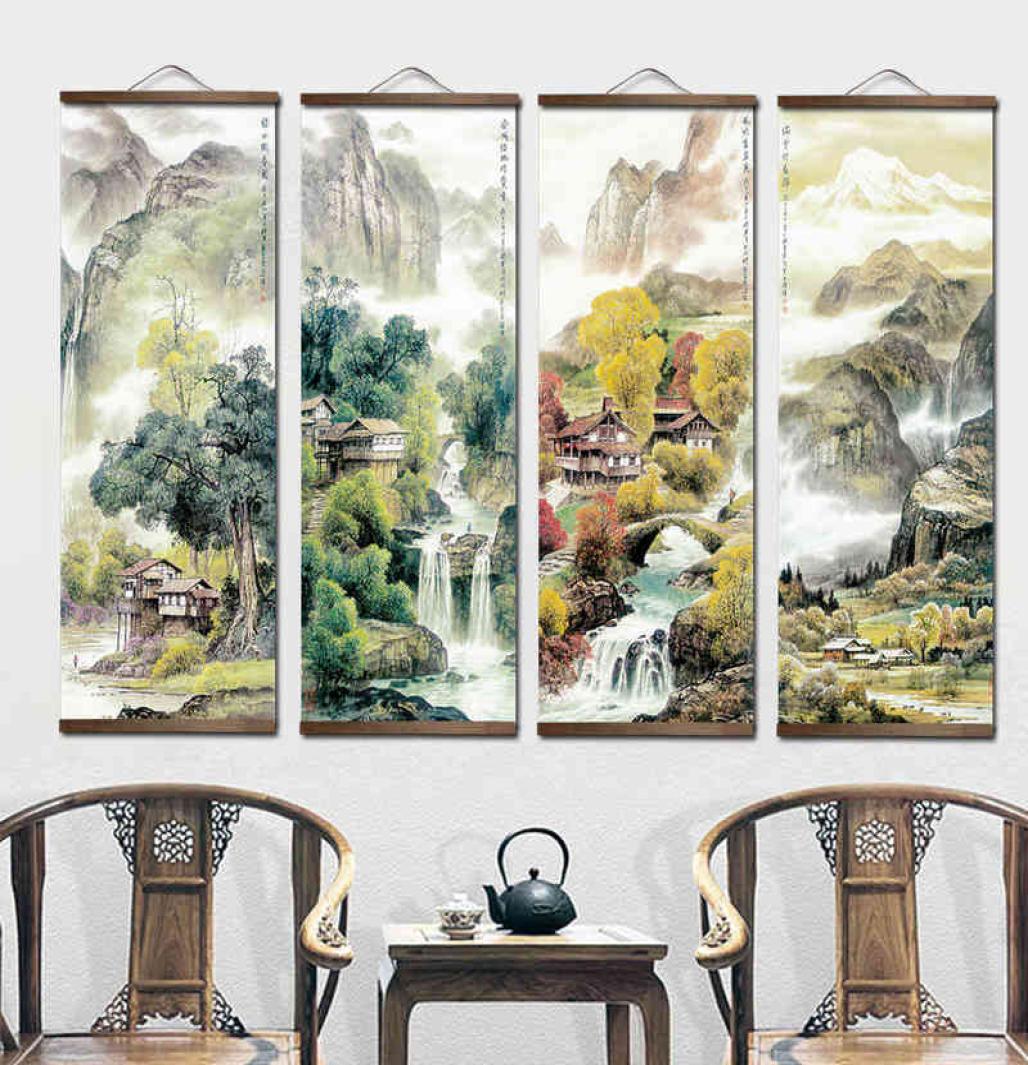 

Chinese Traditional Style Four Seasons Landscape Canvas for Livingroom Wall Art Poster Solid Wood Scroll Paintings Home Decor 2201