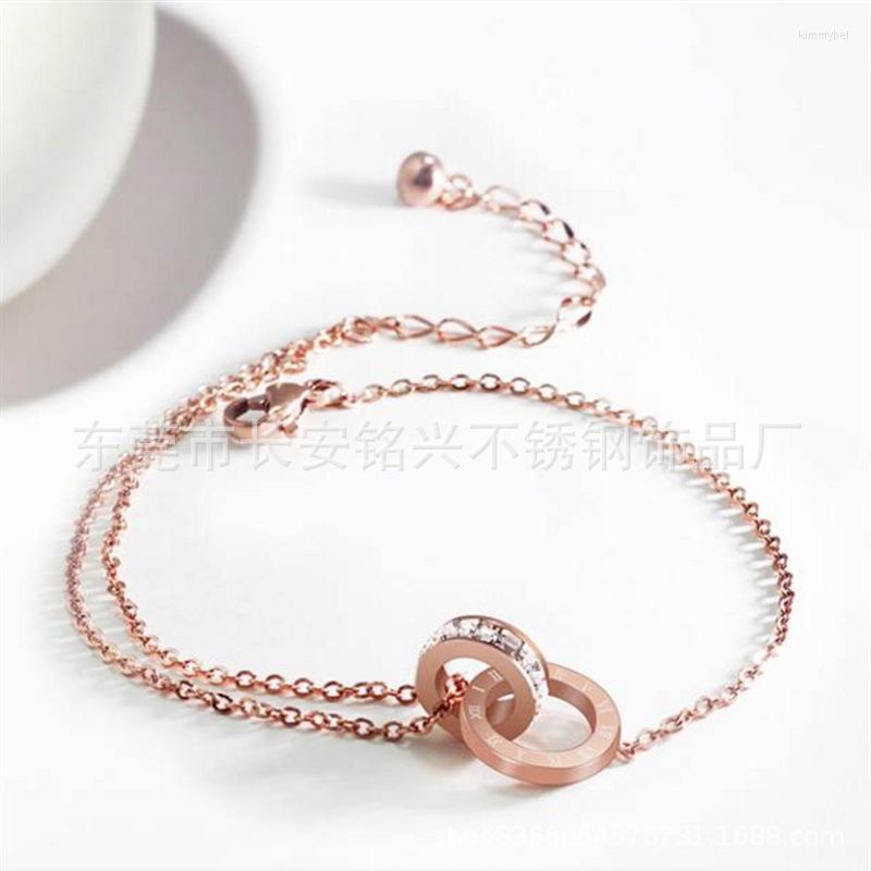 

Anklets 18KGP Rose Gold Color Anklet Double Circle Chain Roman Numerals Letter Woman Gift 316L Stainless Steel Jewelry Not Fade
