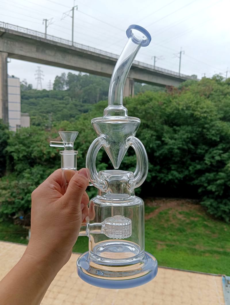 

Clear Bent Tube Glass Bong Hookahs 14 Inch Oil Dab Rig with Tire Perc Water Recycler 14mm Smoking Pipes