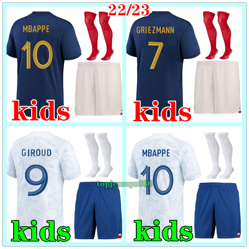 

Maillots de foot French kids 2022 2023 MBAPPE GIROUD BENZEMA GRIEZMANN soccer jersey kids football kit jerseys 22 23 child shirt set socks, Home
