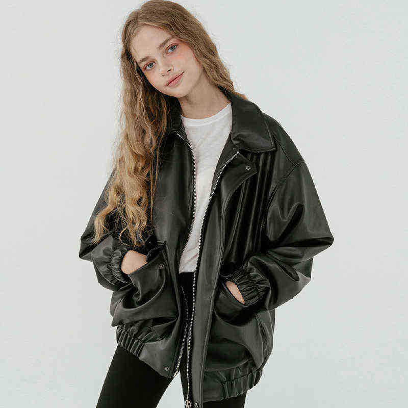 

Leather coat Autumn Oversized leather jacket women long sleeve zipper turndown collar Loose black faux leather jackets for women 2022 L220728