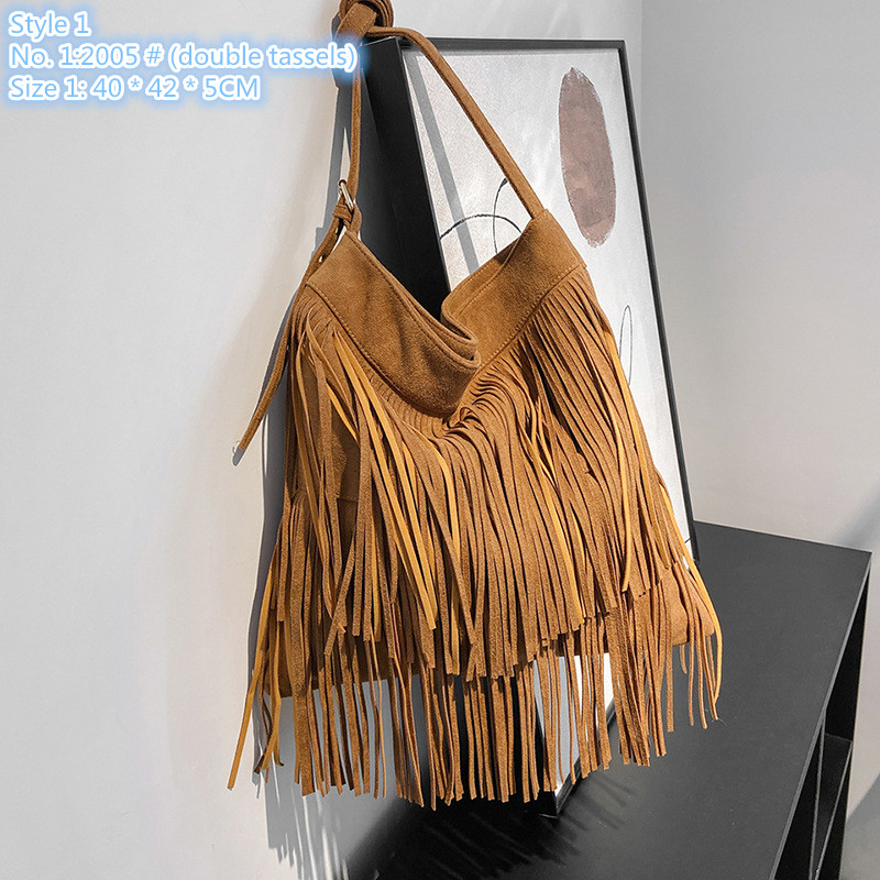

Wholesale ladies shoulder bags 2 styles street personality tassels punk backpack simple retro matte jiaozi bag large capacity double tassel fashion handbag, Black-2259 # (single layer tassel)