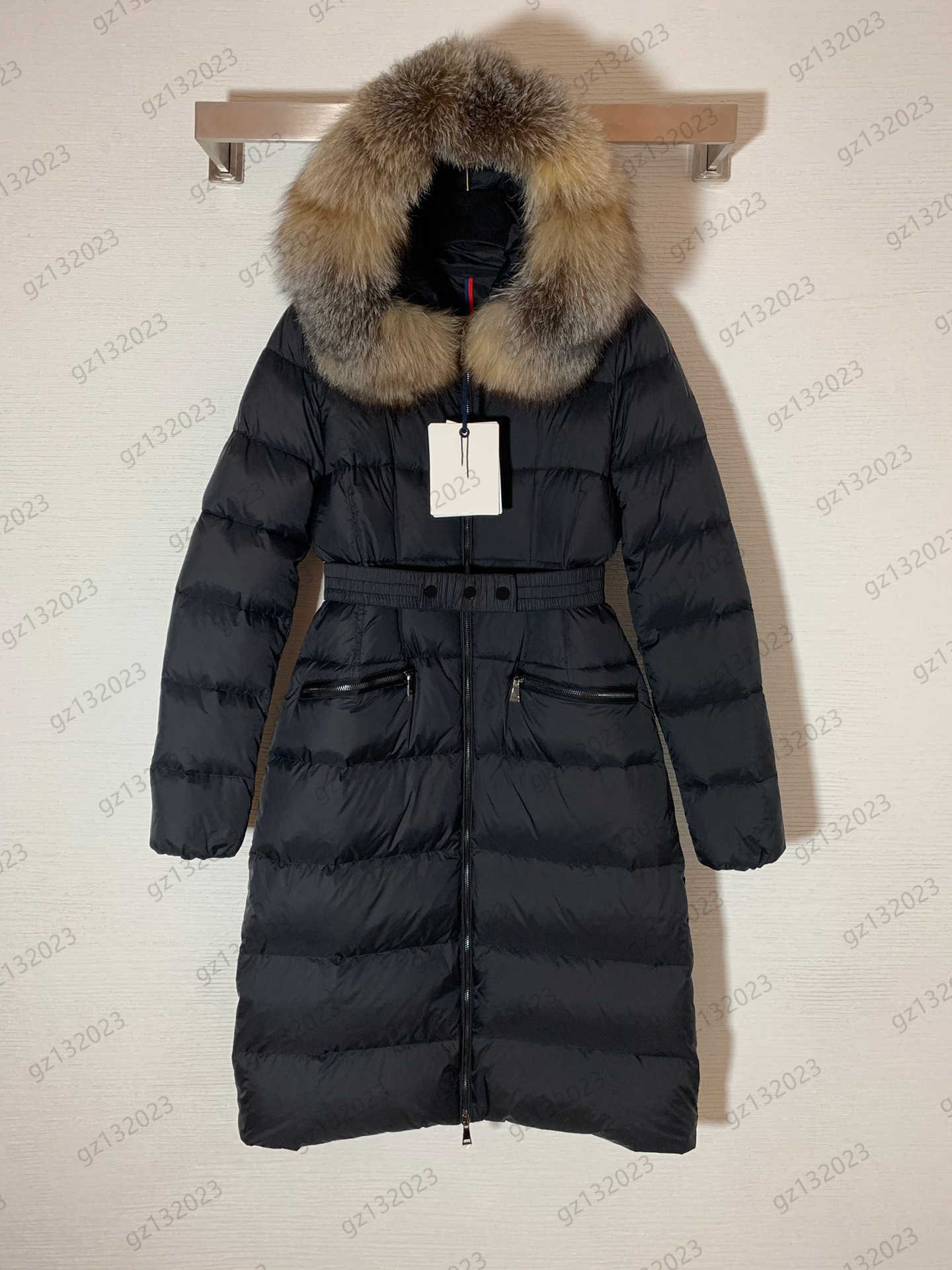 

Puffer Coat Womens Down Parkas Custom-made Belt Collect Waist Slimming Long Hooded Winter Coats Removable Fox Fur Collar Zipper Pocket Jacket Women Clothes 2 Colors