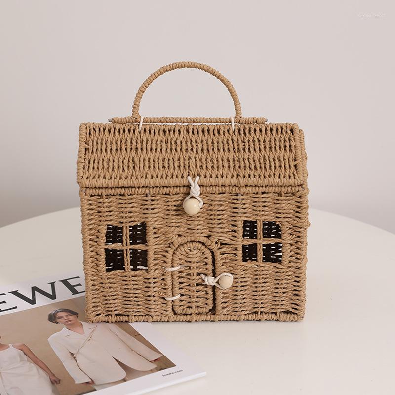 

Evening Bags Fashion Rattan Women Shoulder Handbags Cartoon Little House Wicker Woven Crossbody Bag Summer Beach Straw Lady Purses, Coffee