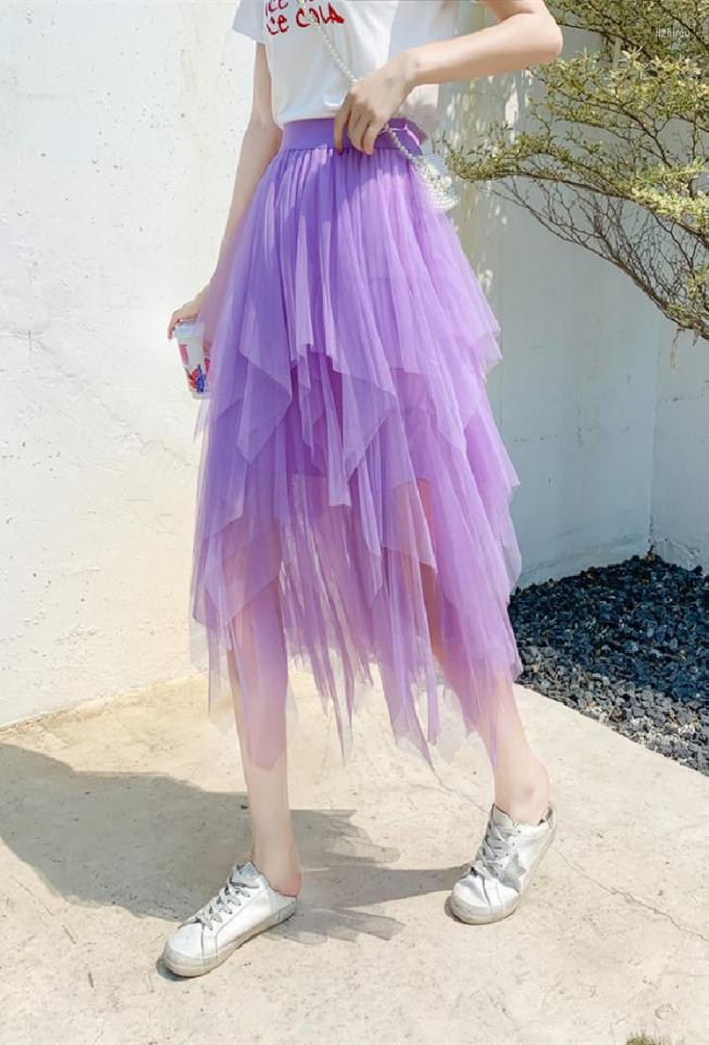 

Skirts Women Irregular Mesh Skirt Summer Vintage Elastic Waist Pleated Mid Long Asymmetrical Korean Clothes9673593, Black