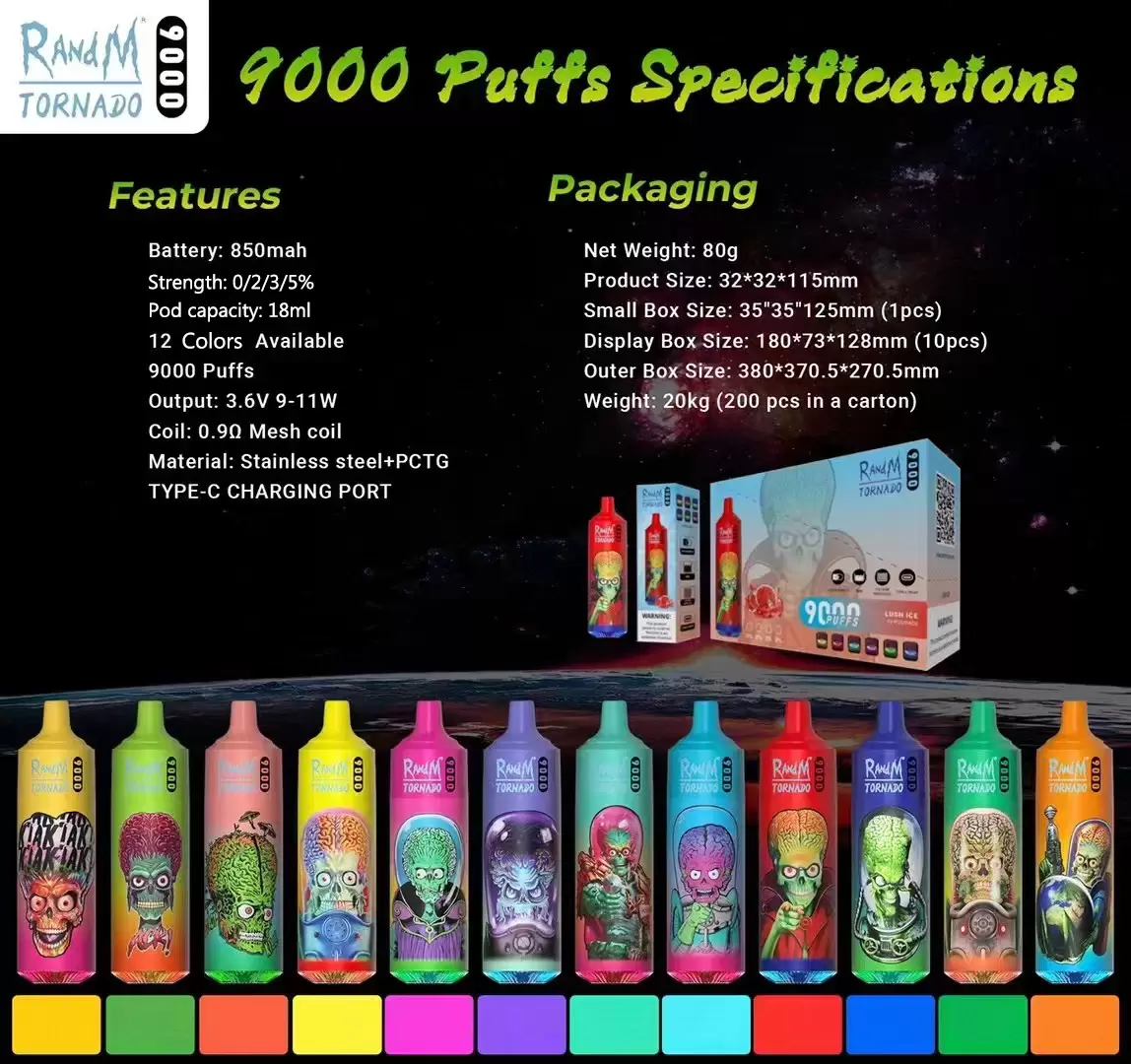 

Disposable E Cigarettes 9K Vape Pen 9000 Puffs 0.8Ohm Mesh Coil 18Ml Pod Battery Rechargeable Electronic Cigs 0% 2% 3% 5% 12 Colors Original Randm Tornado