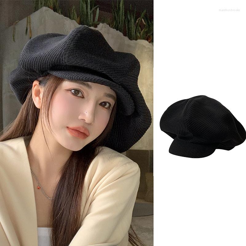 

Berets Japanese Corduroy Mushroom Hat Fashion Large Cloud Autumn Winter Black Octagonal Cap Women Face Small Painter Caps Gorros