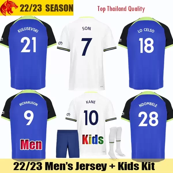 

22 23 Tottenham Soccer Jerseys NDOMBELE SON 2022 2023 KANE KULUSEVSKI LO CELSO LUCAS Football Shirt BENTANCUR PERISIC RICHARLISON BRYAN Mens Jersey Kids Kit FIF, 2223 away3