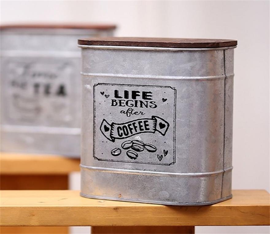 

Vintage Metal Square Candy Trinket Tin Storage Box with Wooden Cover Cans Coffee Tea Seasoning Jewelry Case 210330