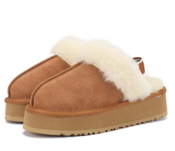 

Fluff Yeah Slide Australia Sheepskin Suede Funkette Slippers Sherpa Disquette Women's Platform Shearling Fur Lined Slide Sandal Slip On Flat Booties, Box