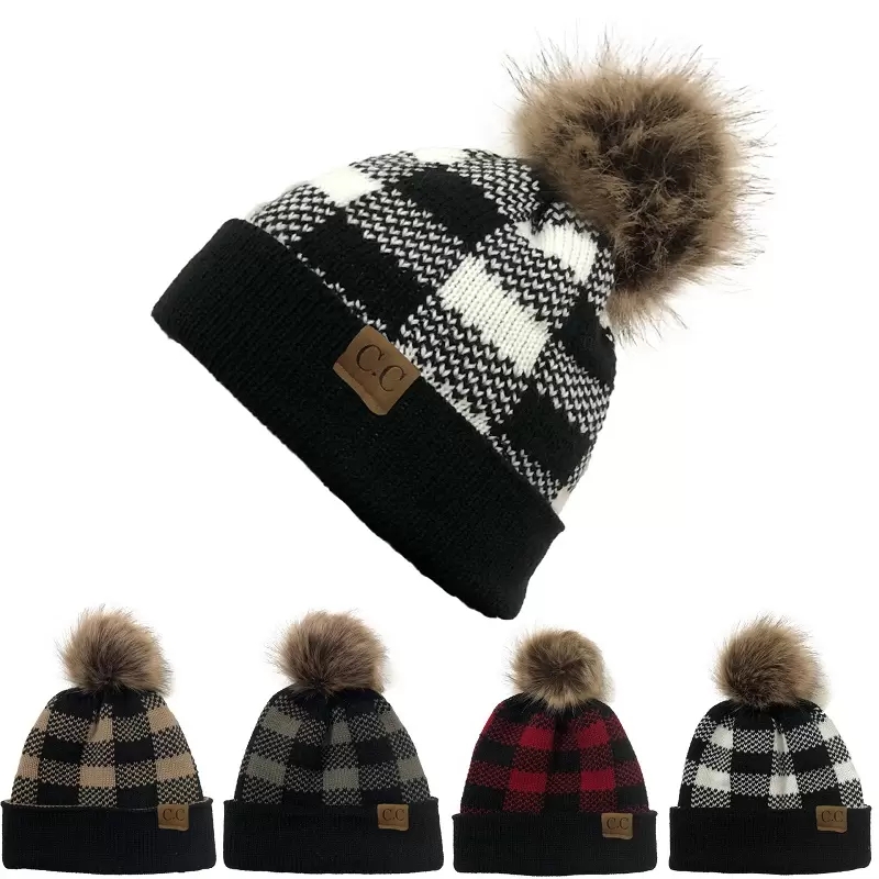 

Christmas Warm Woolen Hat Xmas Generous Lattice Crimping Color Matching CC Standard Detachable Wool Ball Crimping Knitted Hats Beanies 5pcs/