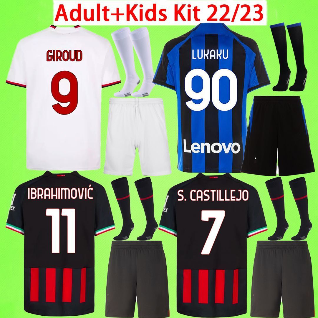 

Adult Kids kit with shorts and socks Milan Soccer Jerseys boys sets GIROUD 2022 2023 ac BRAHIM KESSIE THEO inter 22 23 IBRAHIMOVIC children Football Shirt mens suit man, 22/23 home kit with socks2