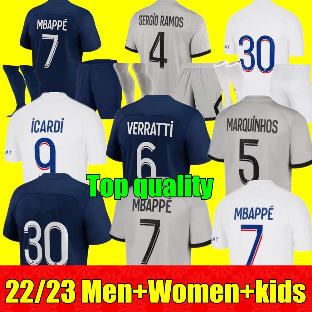 

Top New MBAPPE soccer jersey SERGIO RAMOS 22 23 Maillots de football 2022 2023 VERRATTI adult Men kids kit Women ICARDI shirt uniforms enfants psgs foot third 3rd 4th, 22/23 kids 3rd+socks