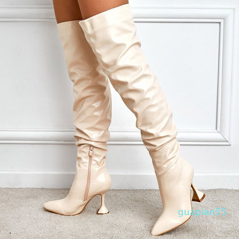 

Brand Designer Boots 2022 Black Lazy Pleated Long Sexy Fashion Pointed Toe Kitten Heels Knee High Winter Side Zipper Party, As shown